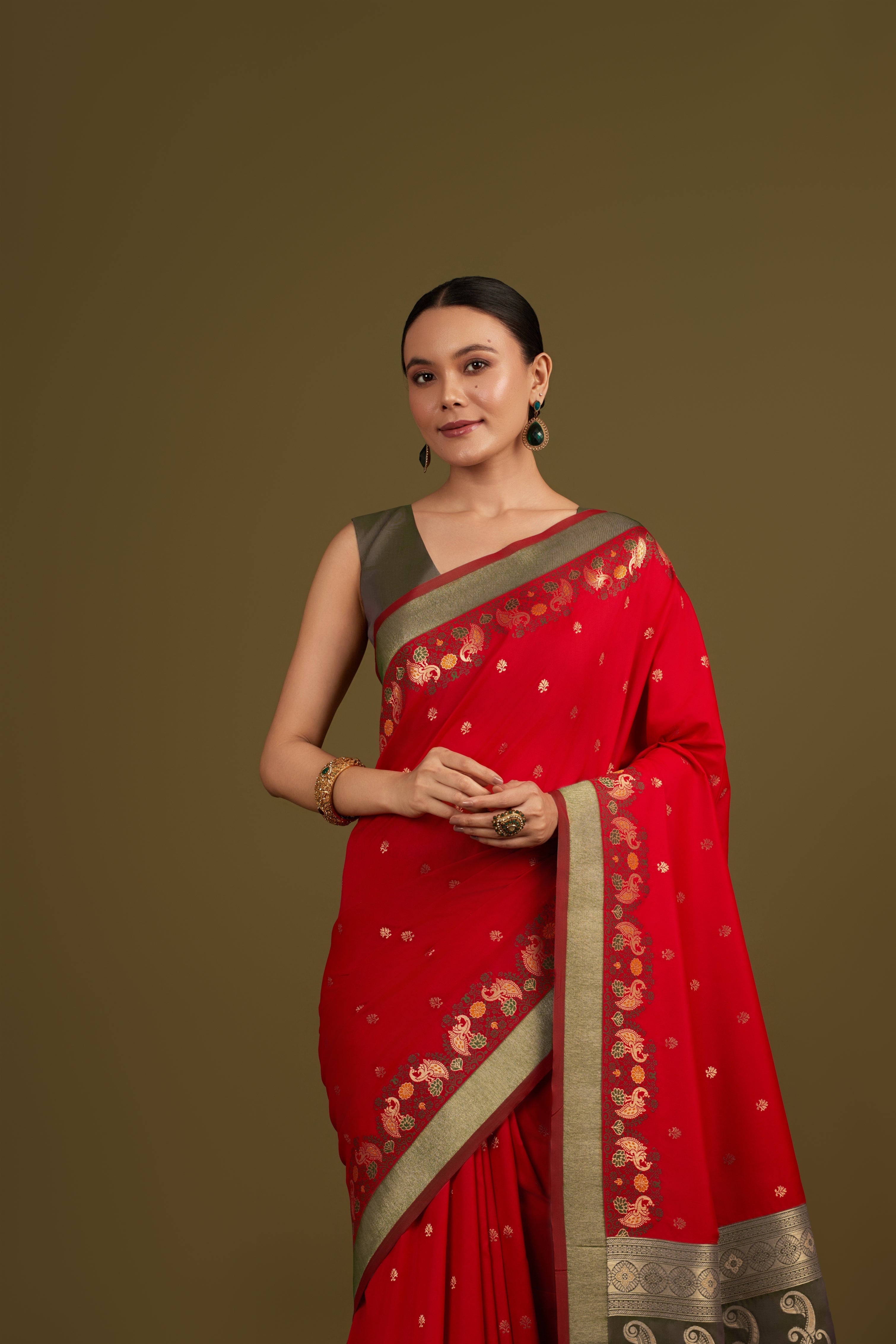 Red Banarasi Silk Blend Paisley Zari Pallu Saree