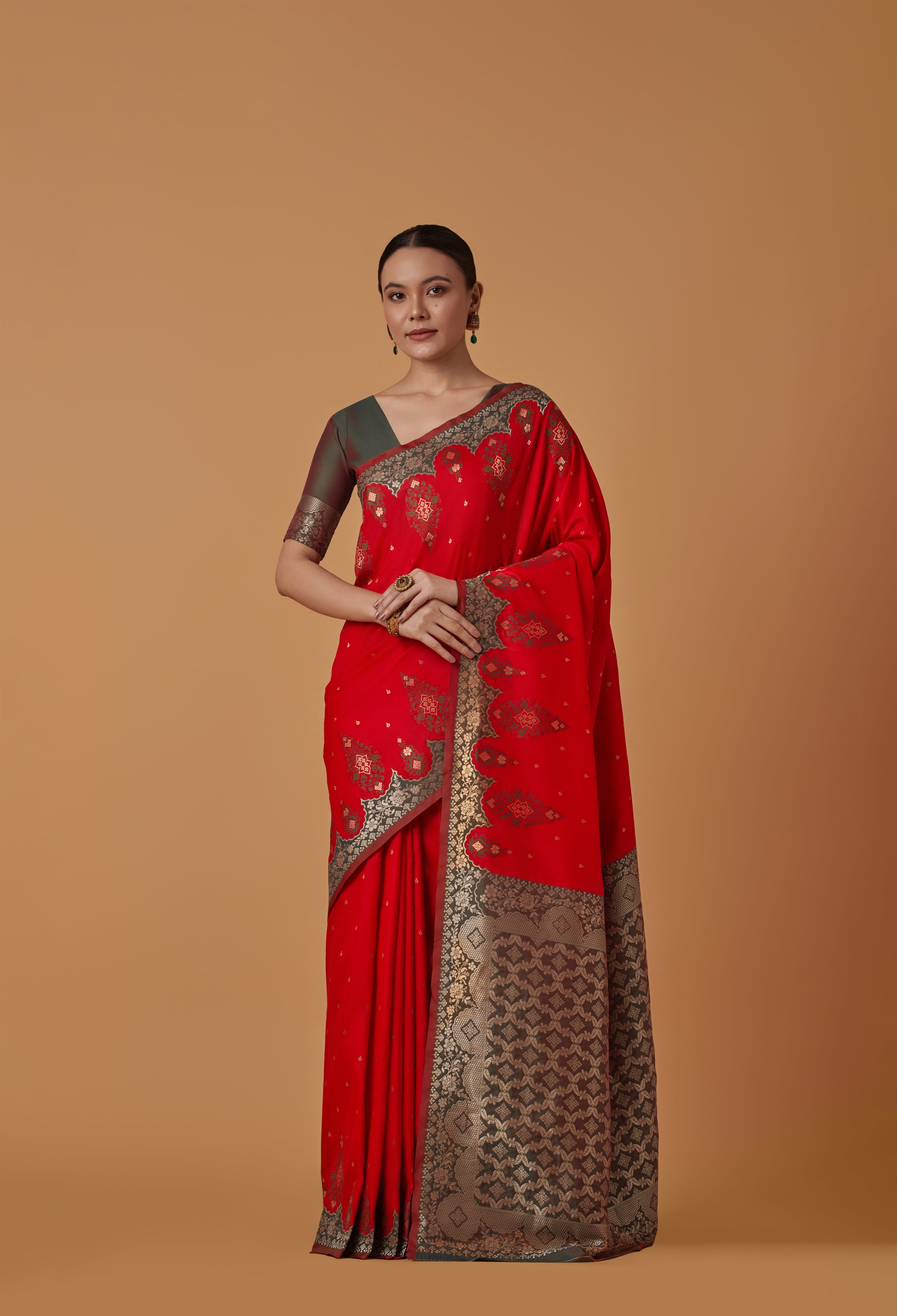 Red Banarasi Silk Blend Zari Woven Contemporary Saree