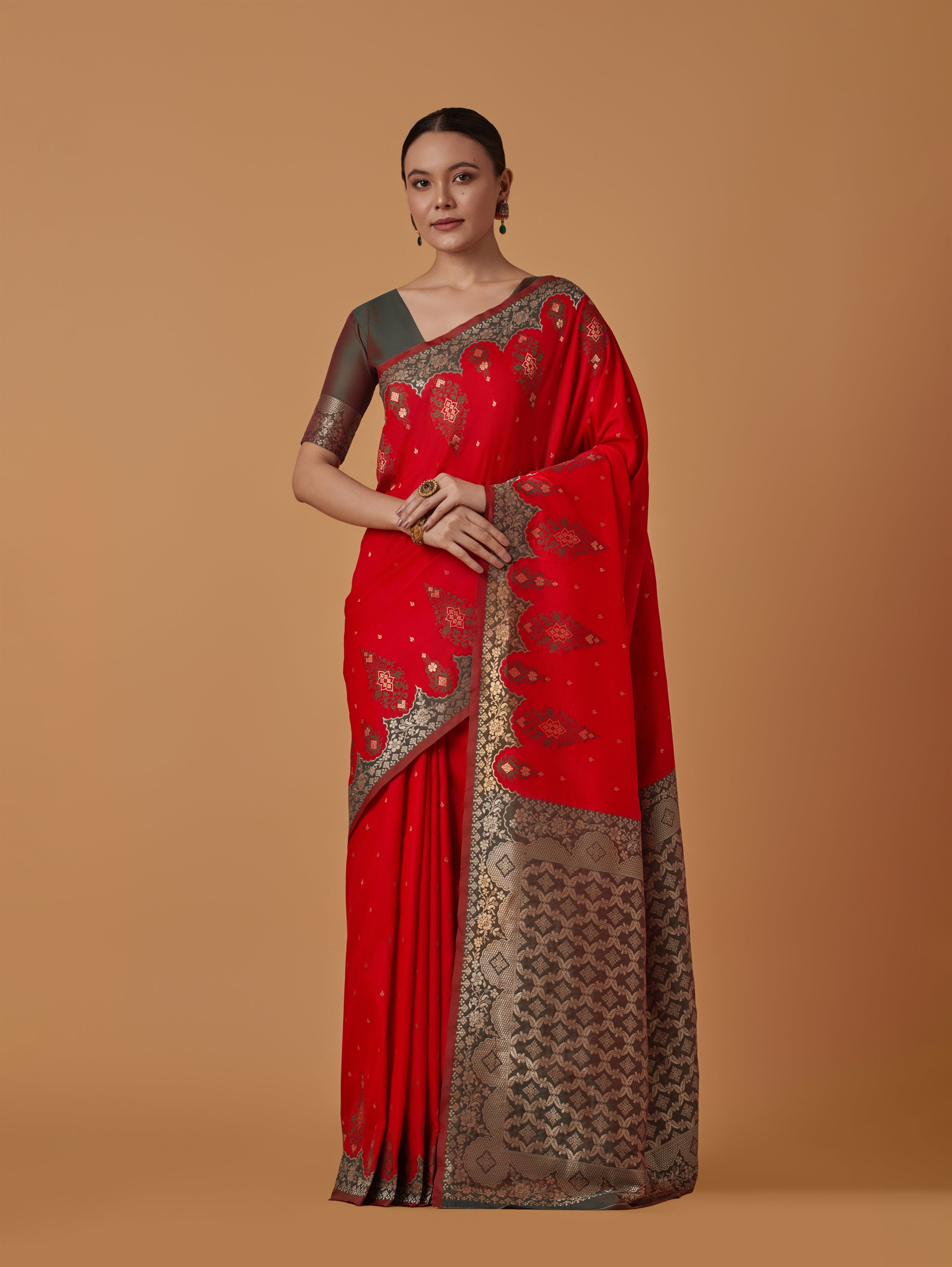 Red Banarasi Silk Blend Zari Woven Contemporary Saree