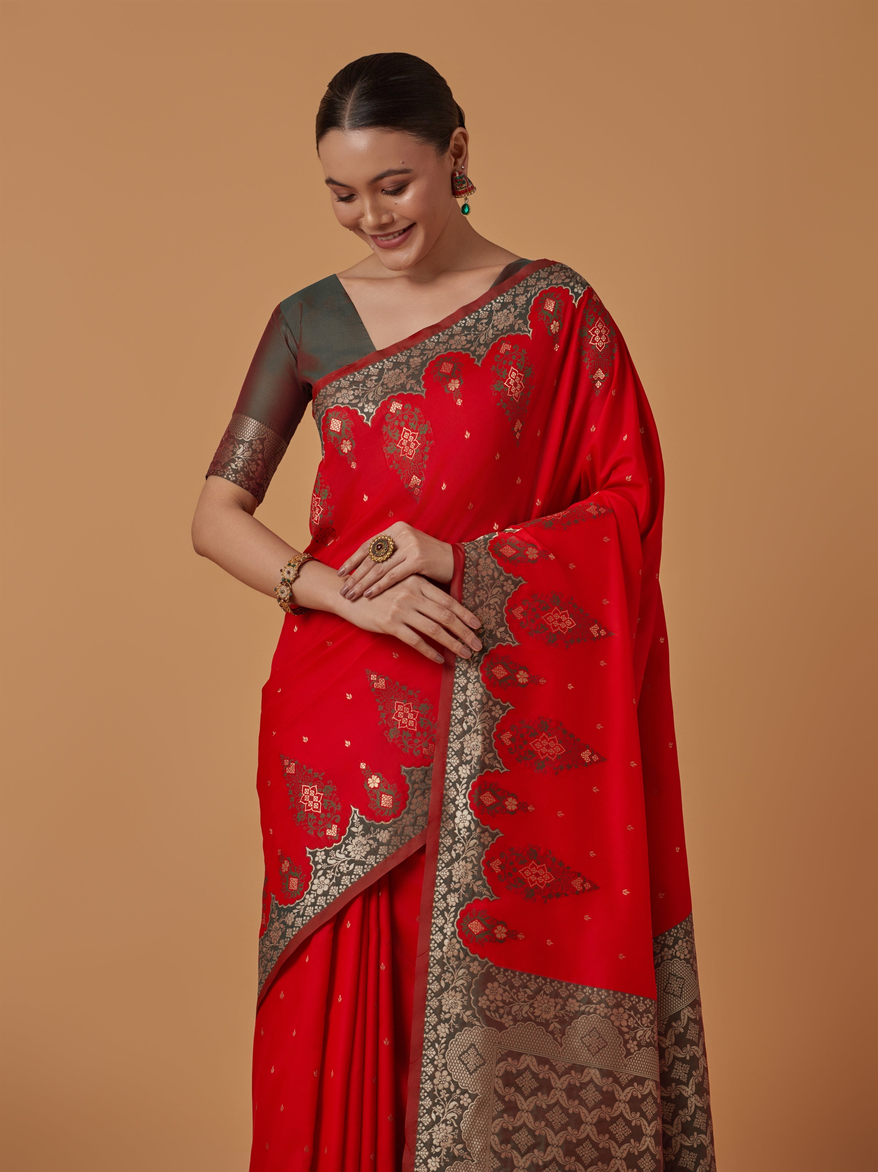 Red Banarasi Silk Blend Zari Woven Contemporary Saree