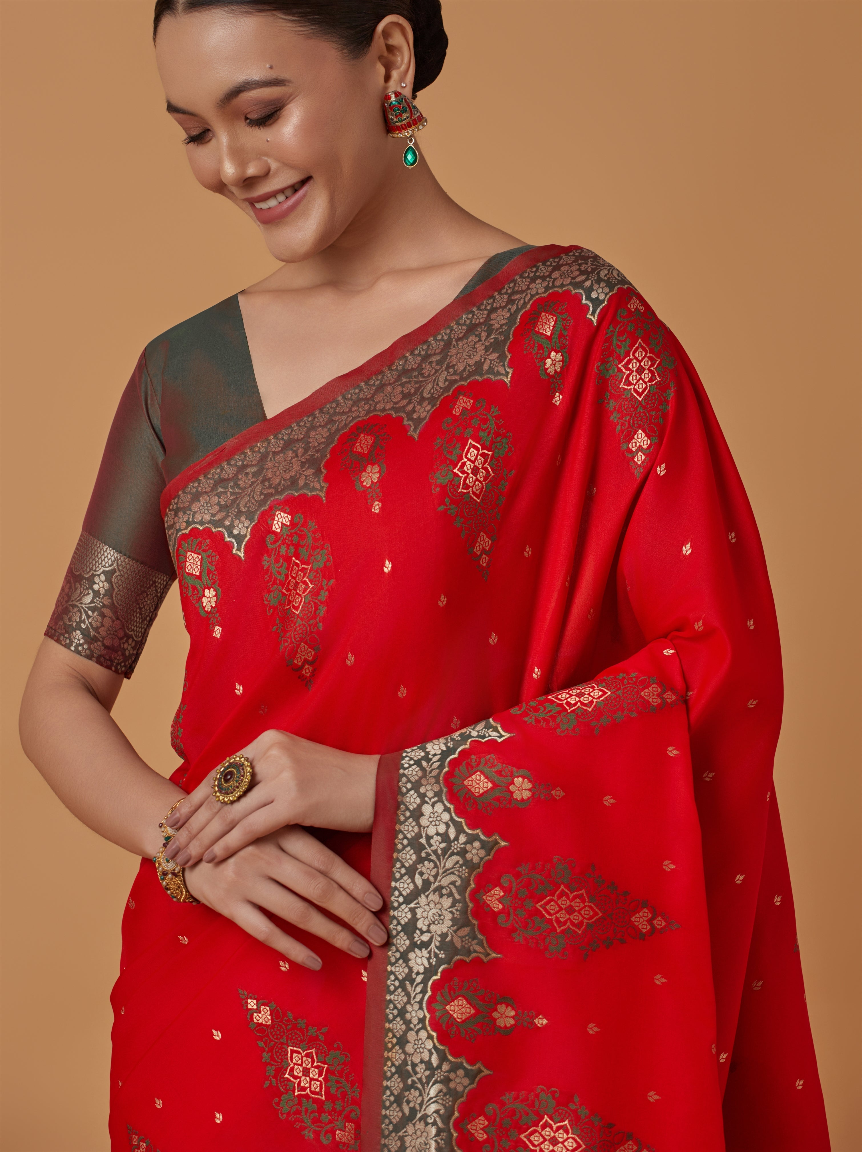 Red Banarasi Silk Blend Zari Woven Contemporary Saree