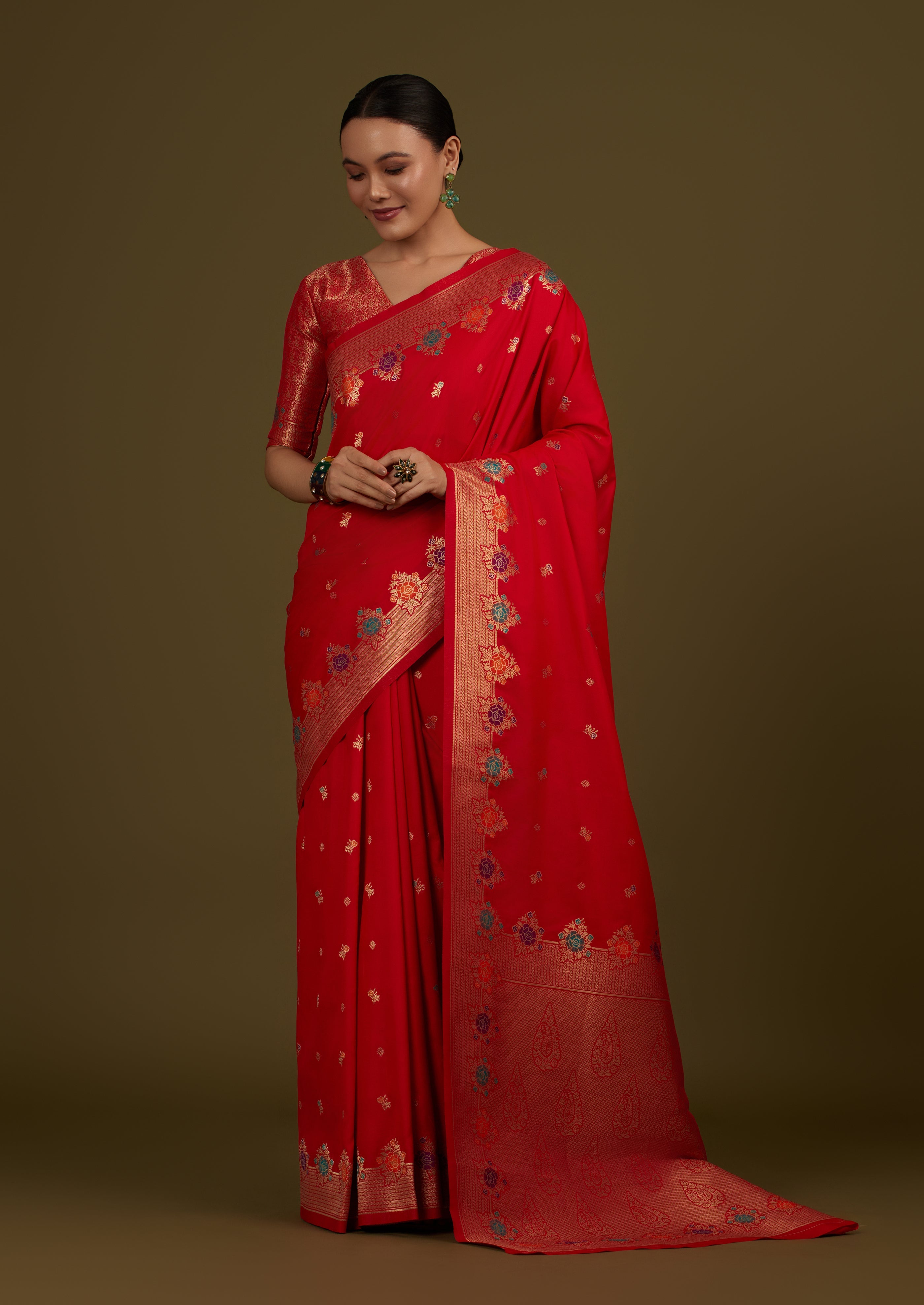 Red Banarasi Silk Blend Zari Woven Saree