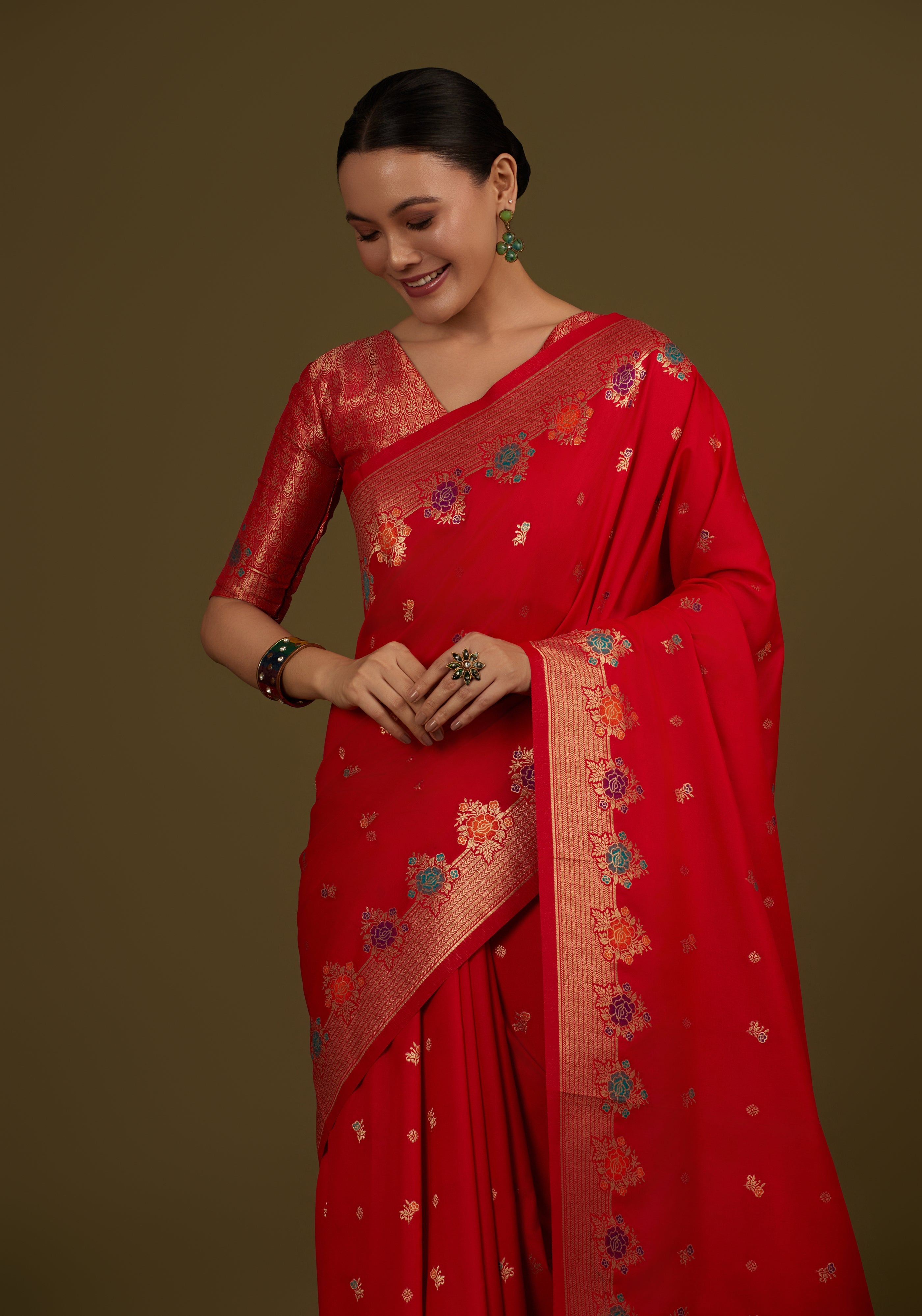 Red Banarasi Silk Blend Zari Woven Saree