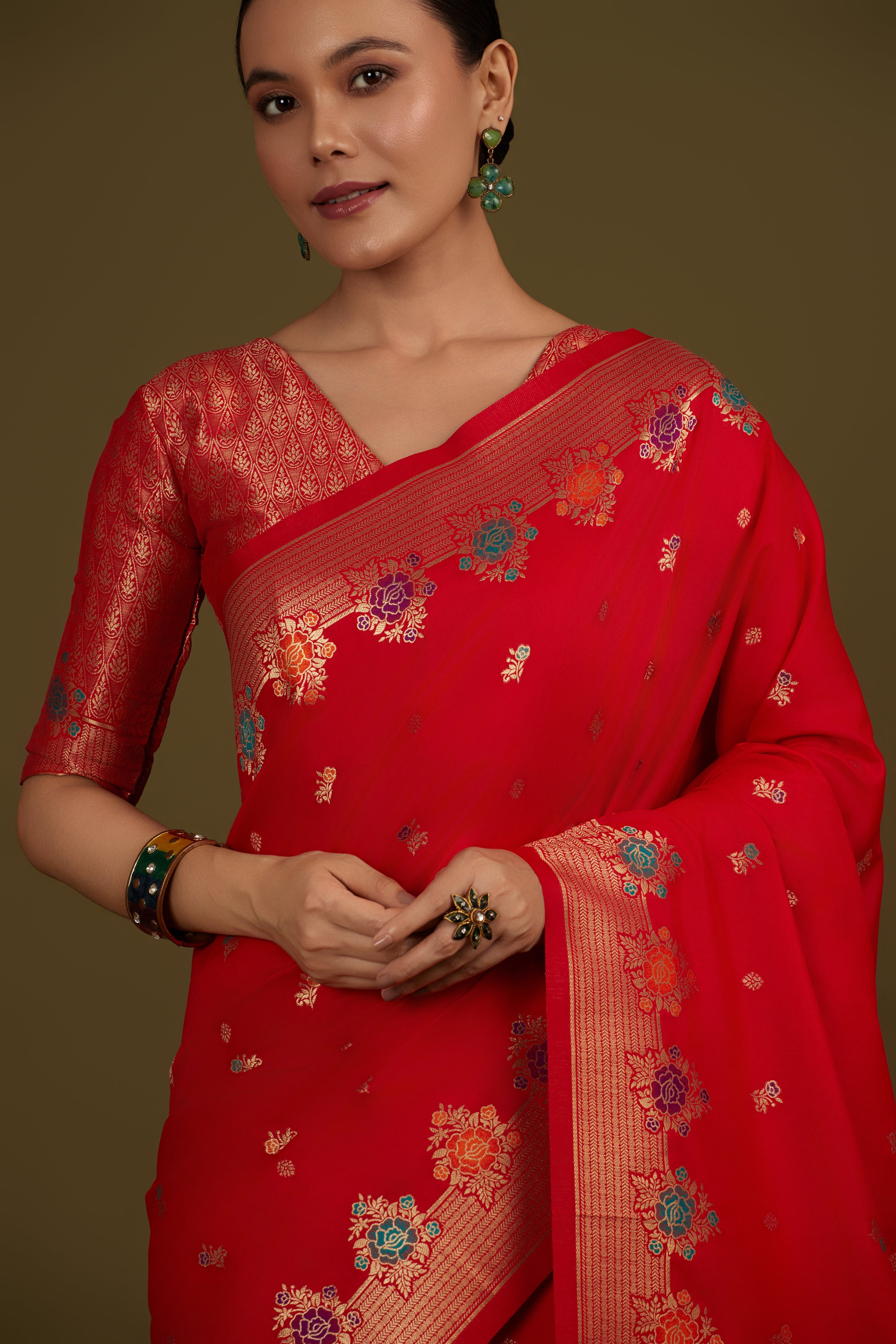Red Banarasi Silk Blend Zari Woven Saree