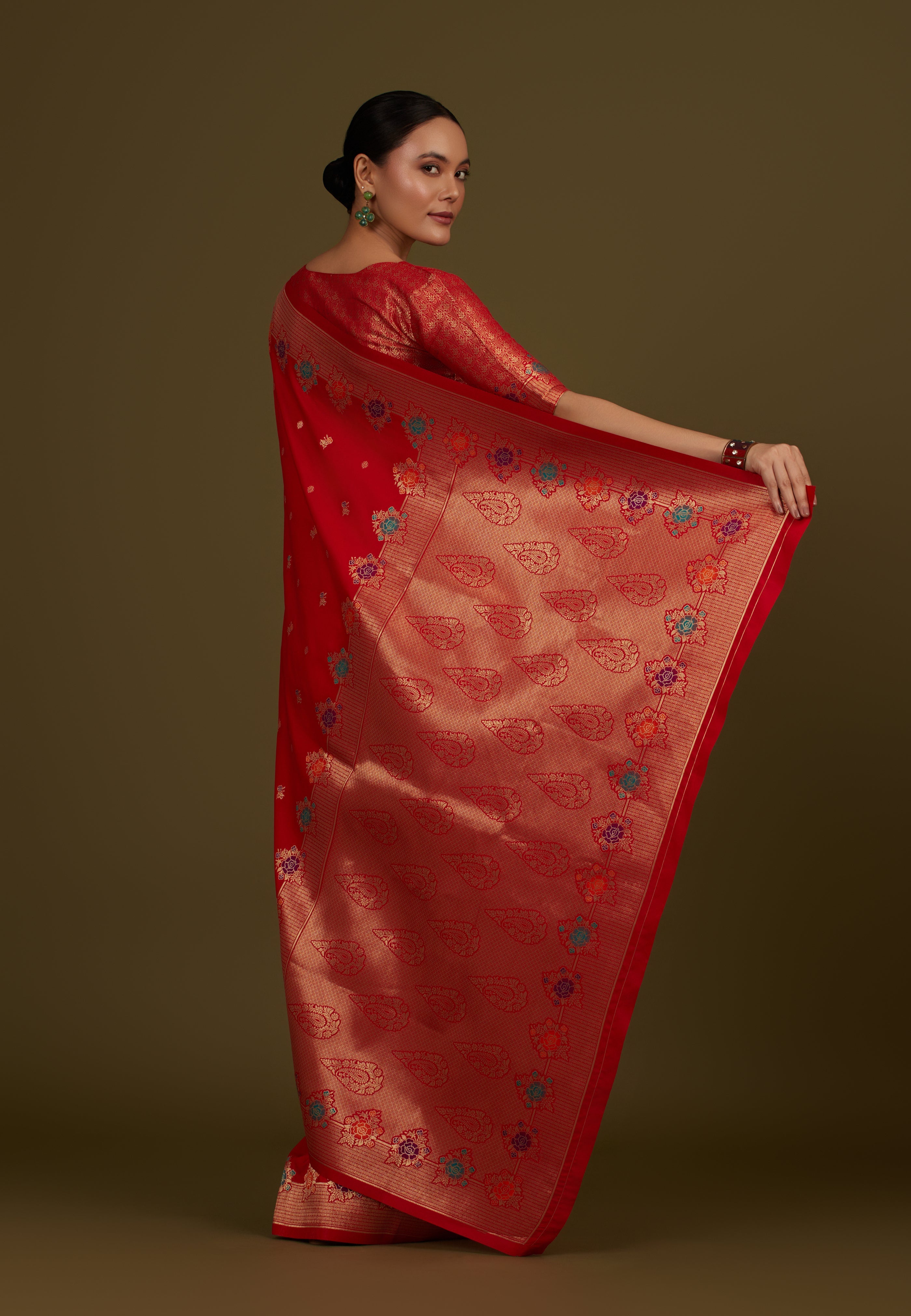 Red Banarasi Silk Blend Zari Woven Saree