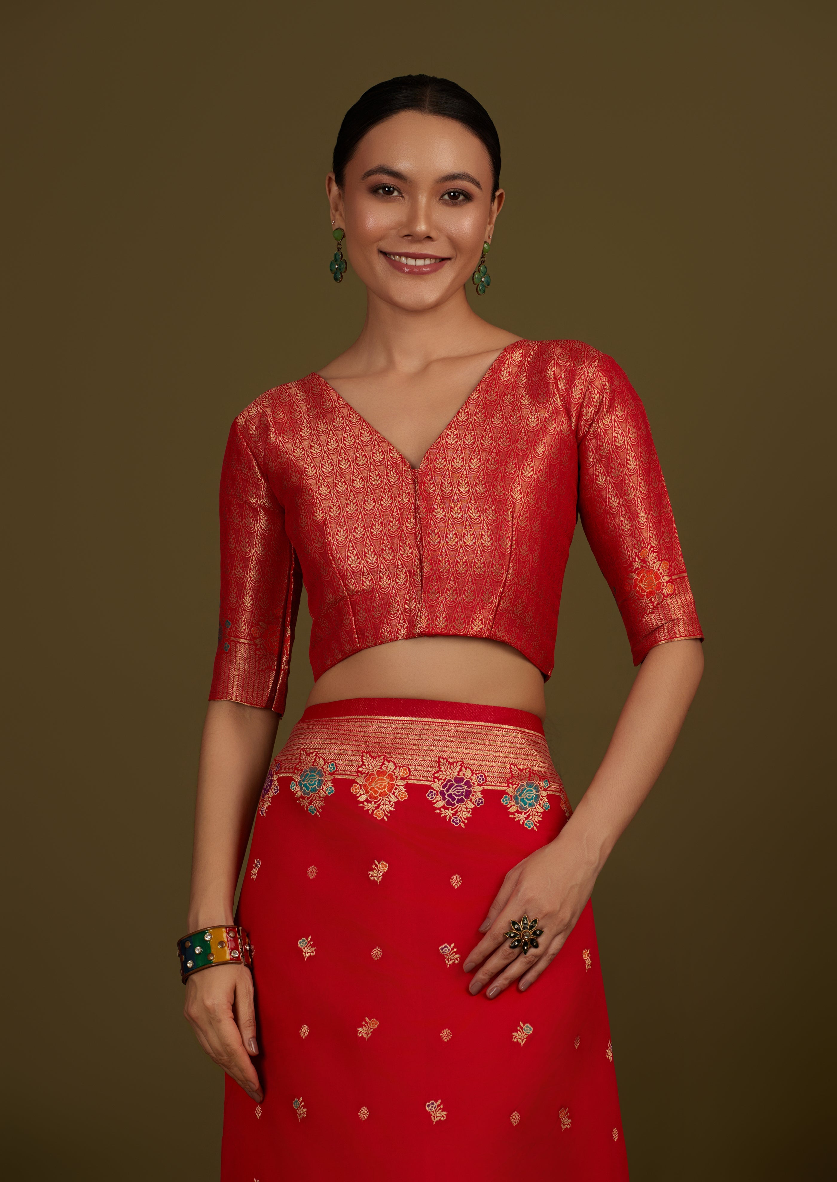 Red Banarasi Silk Blend Zari Woven Saree