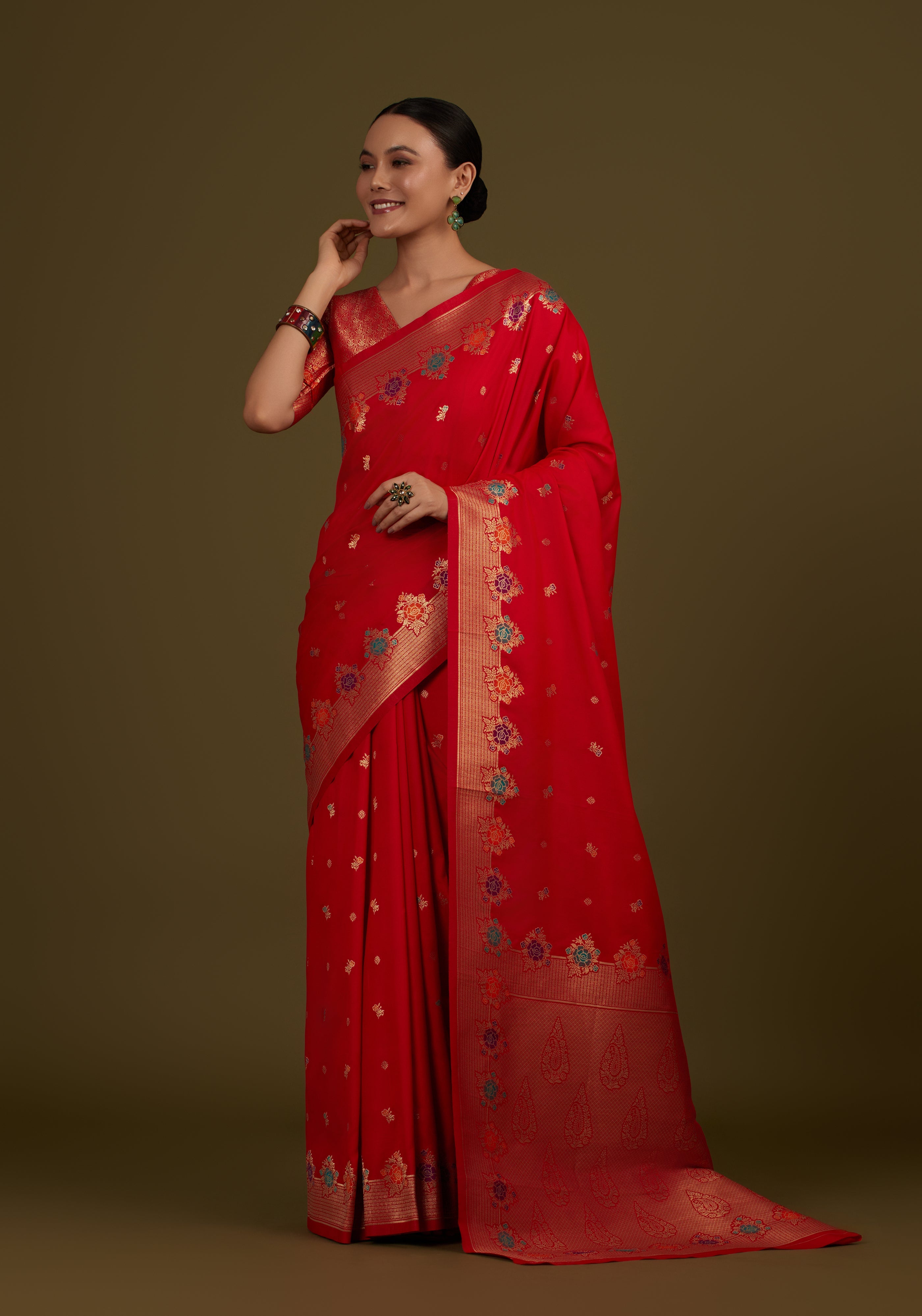 Red Banarasi Silk Blend Zari Woven Saree