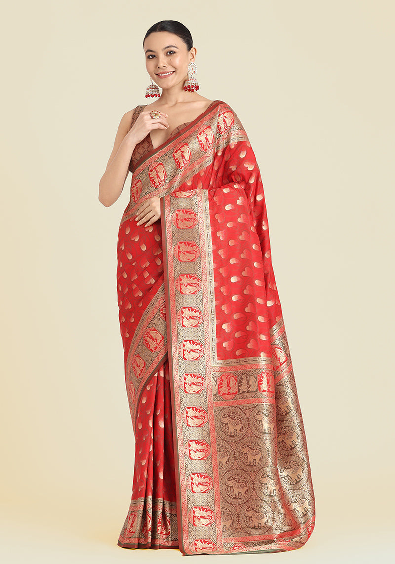 Red Banarasi Silk Weaving Work Traditional Saree
