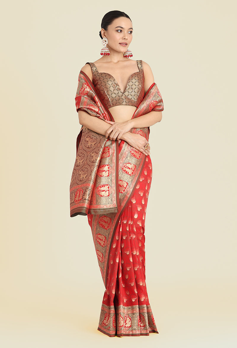 Red Banarasi Silk Weaving Work Traditional Saree