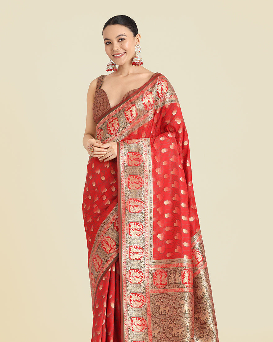 Red Banarasi Silk Weaving Work Traditional Saree