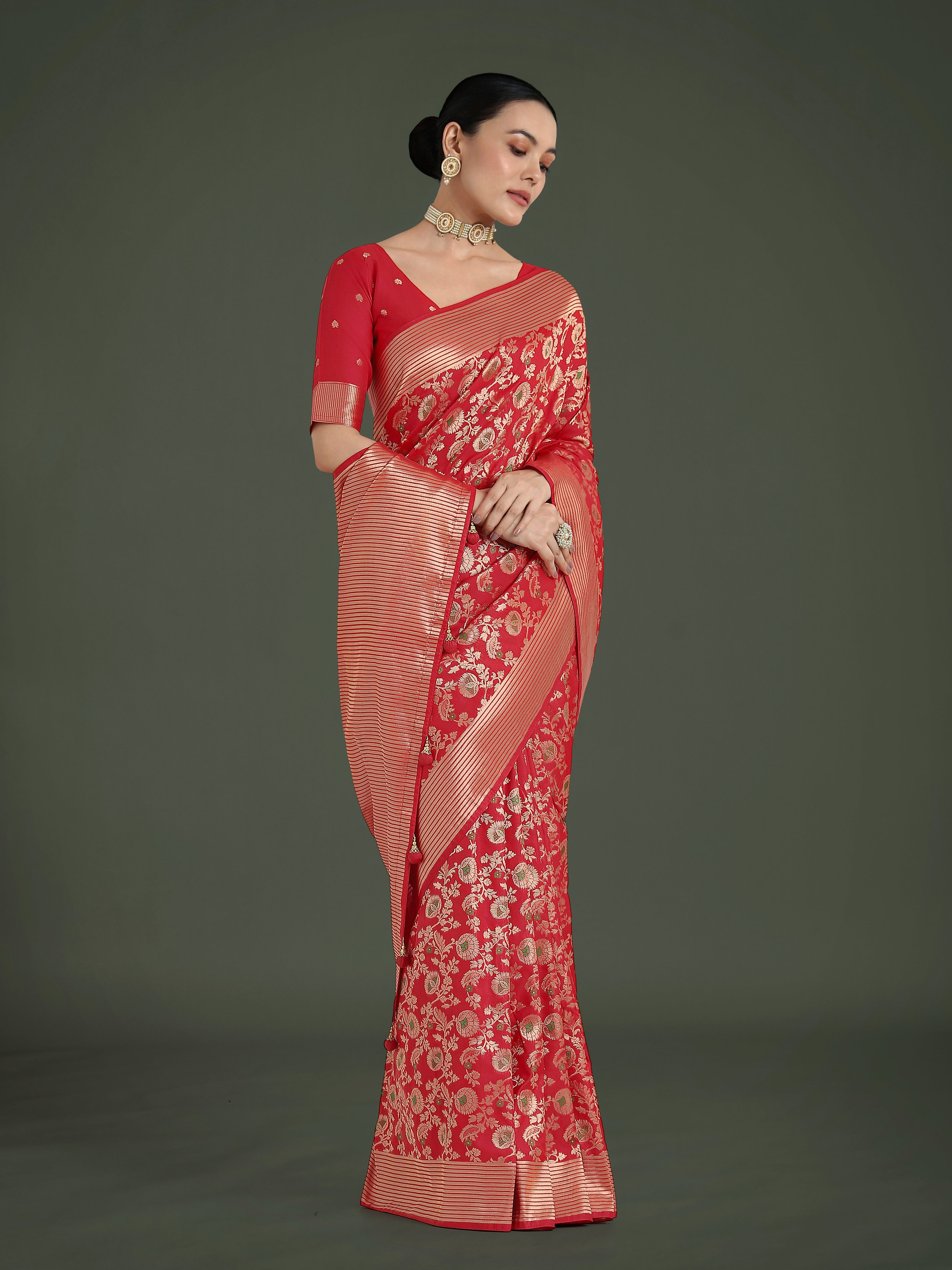 Red Banarasi Silk Zaal Woven Pattern Traditional Saree