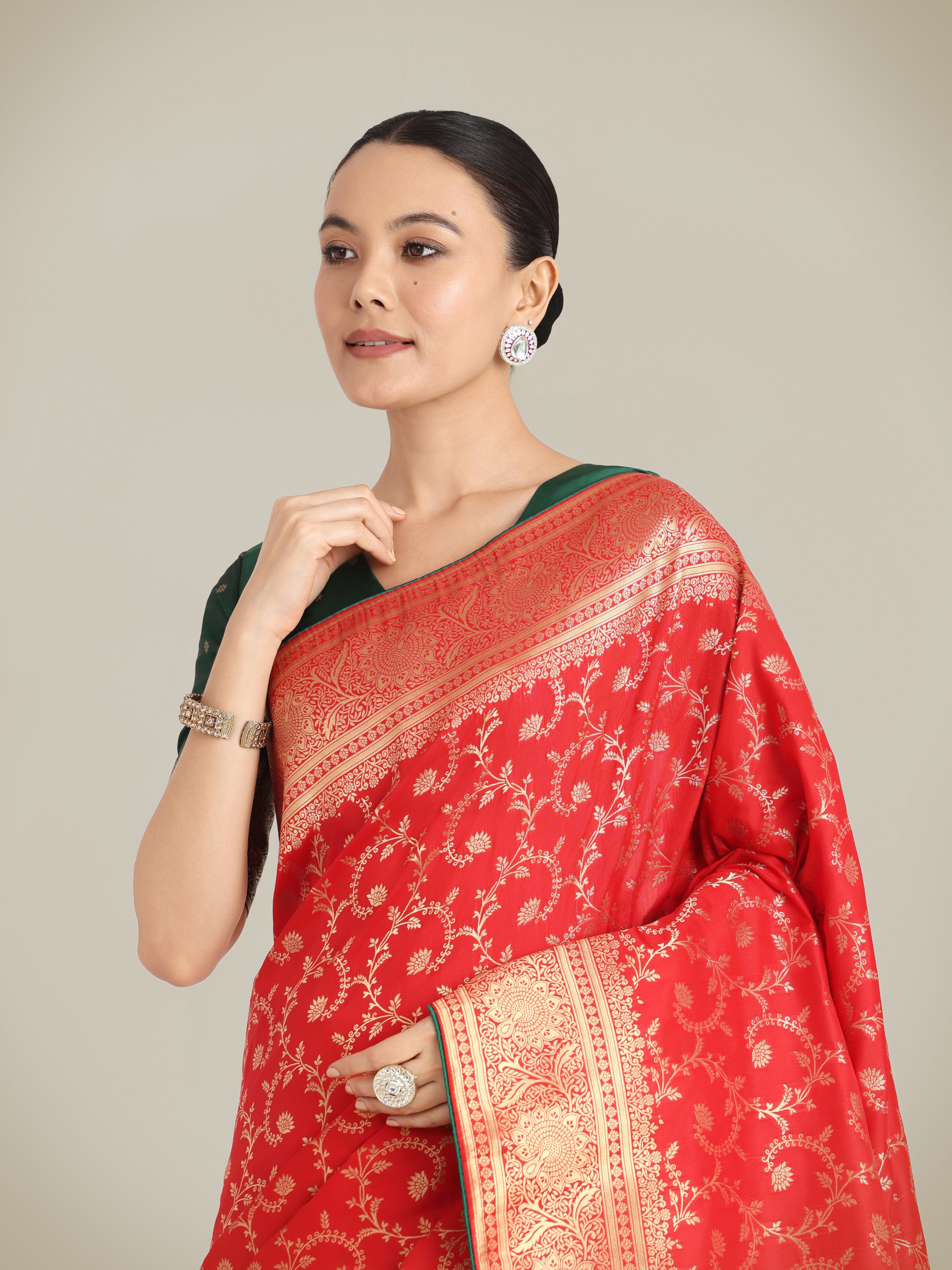 Red Banarasi Silk Zari Weaving Work Classic Saree