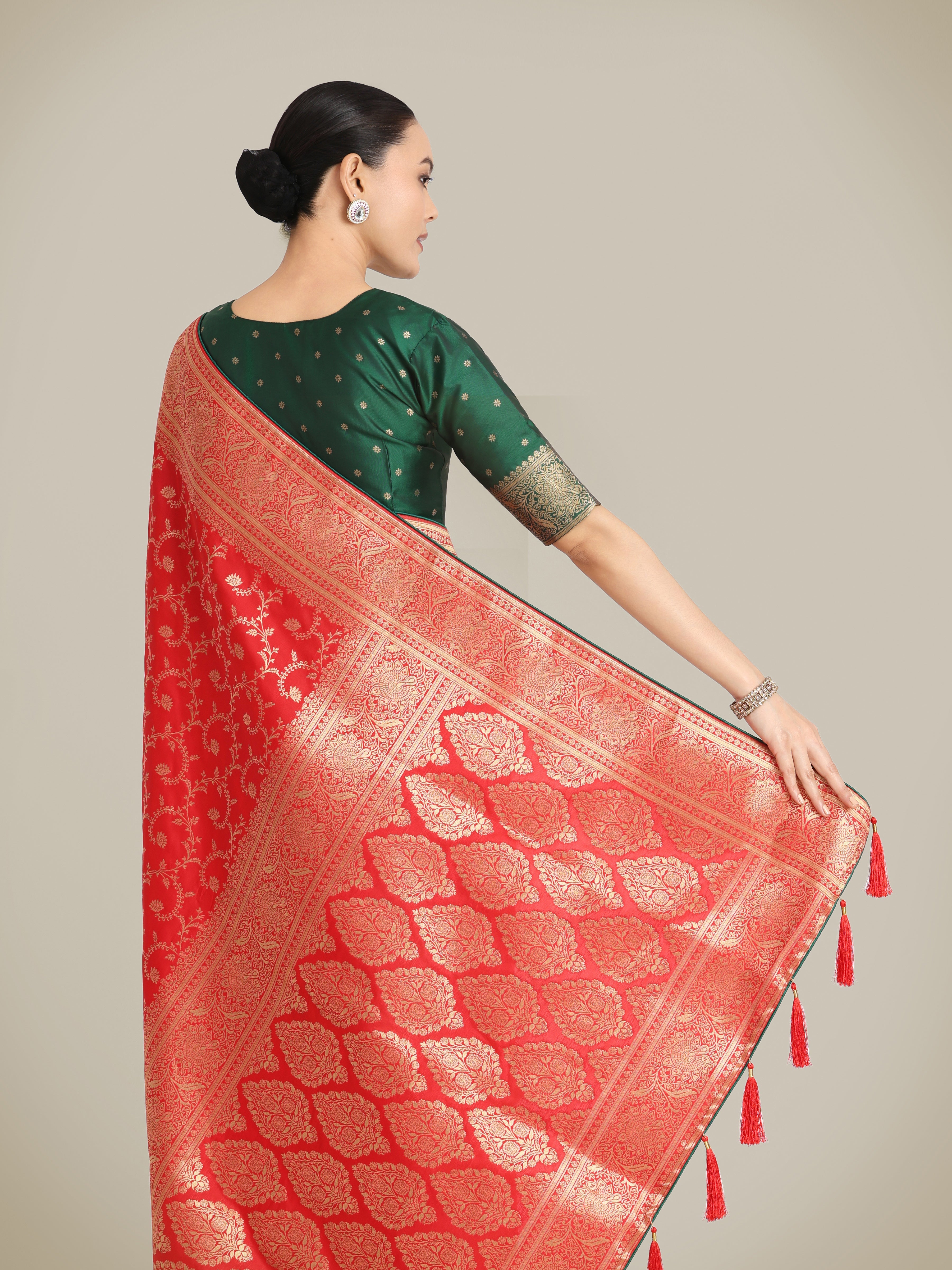 Red Banarasi Silk Zari Weaving Work Classic Saree
