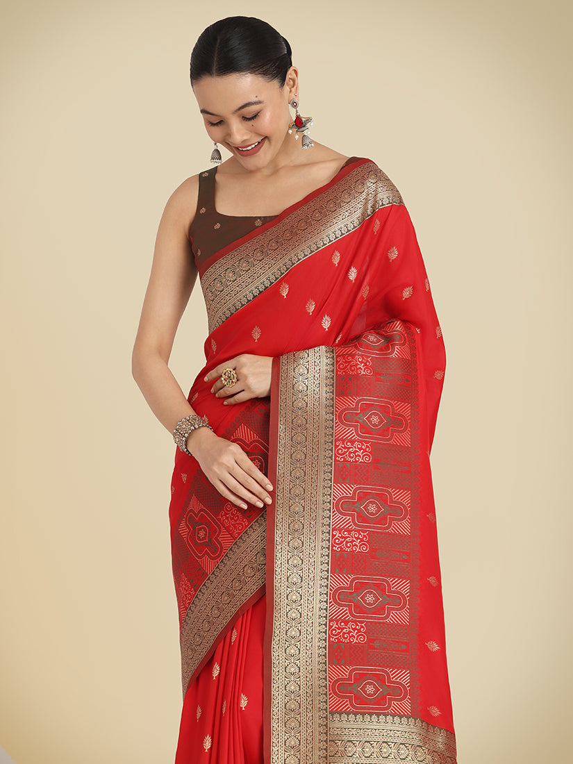 Red Banarasi Soft Silk Zari Work Trendy Saree