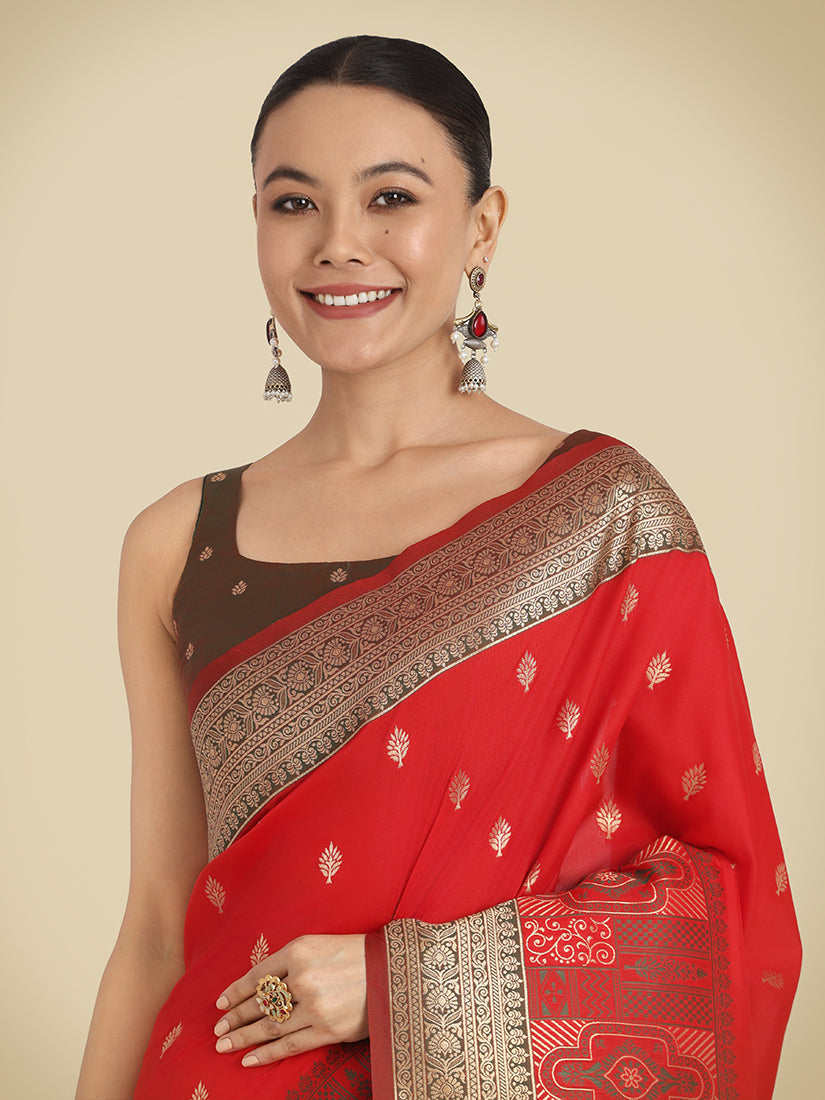 Red Banarasi Soft Silk Zari Work Trendy Saree