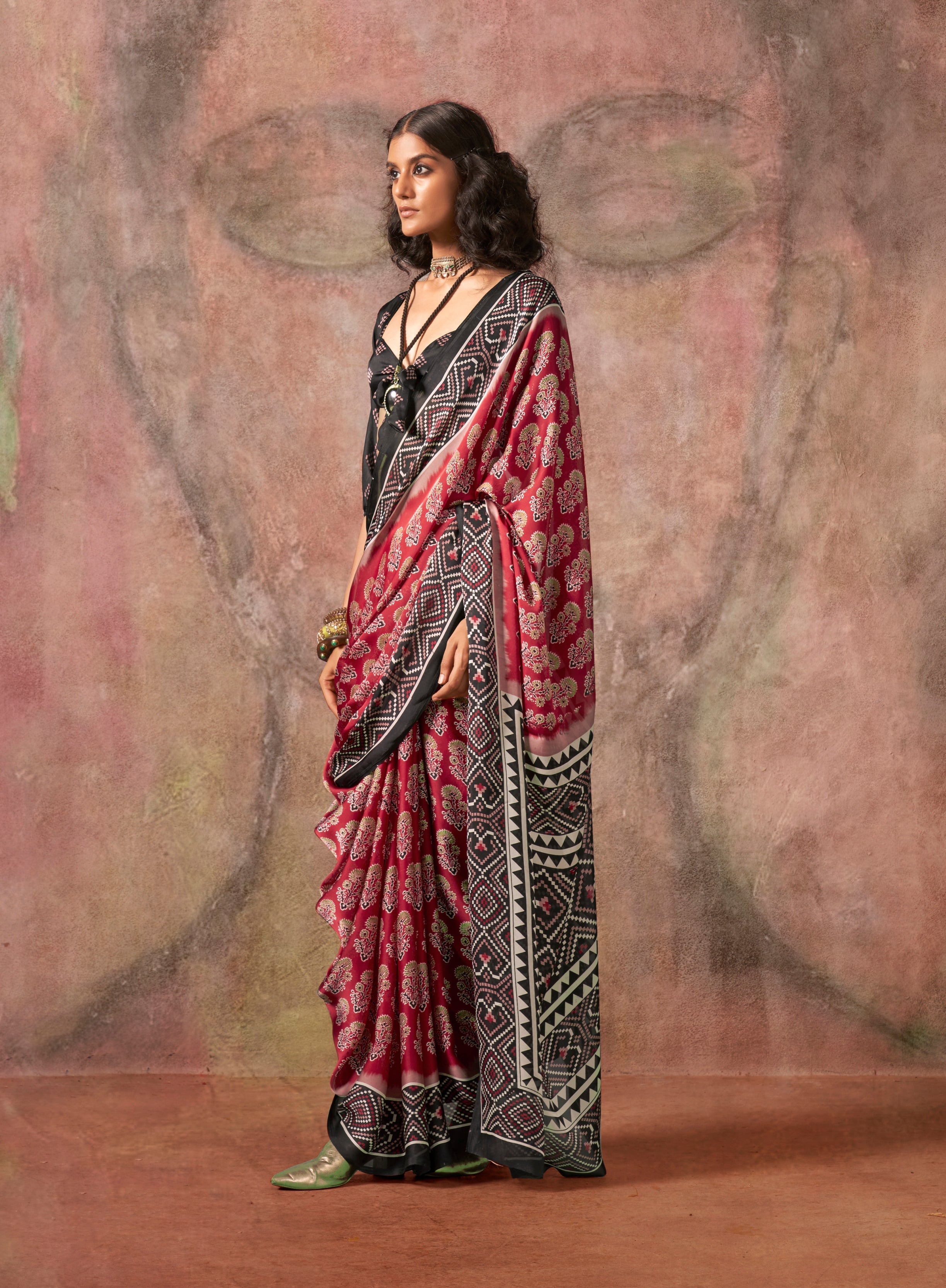 Red & Black Color Ajrakh Print With Bandhej Pattern Satin Georgette Saree