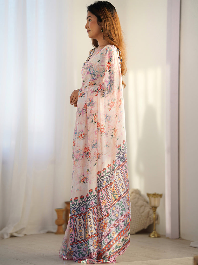 Off White Chinon Digital Print Mirror Cut Work Saree