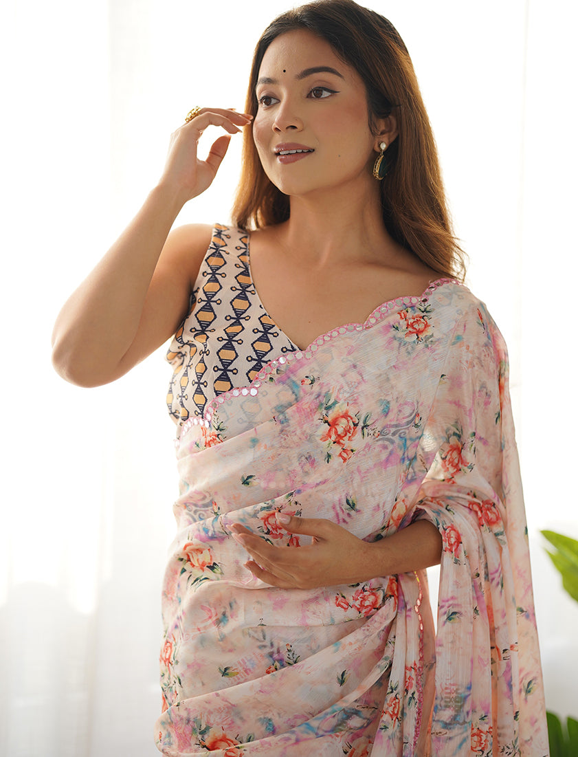 Off White Chinon Digital Print Mirror Cut Work Saree