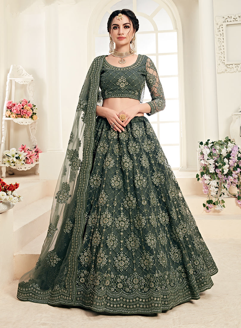 Bottle Green Colour Net Embroidery Work Bridal Lehenga Choli