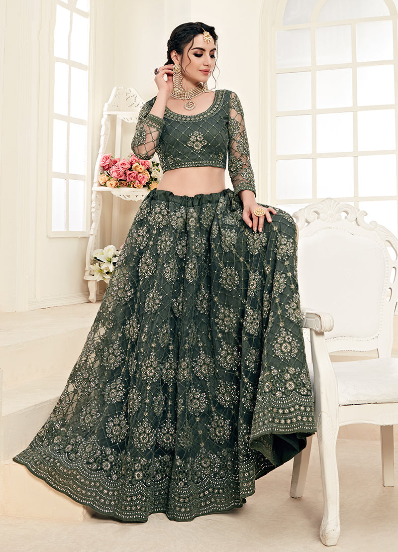 Bottle Green Colour Net Embroidery Work Bridal Lehenga Choli