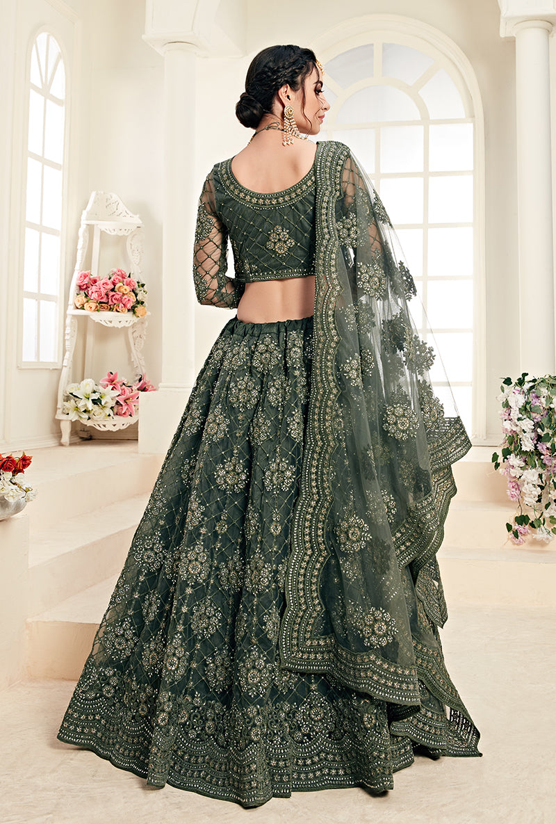 Bottle Green Colour Net Embroidery Work Bridal Lehenga Choli
