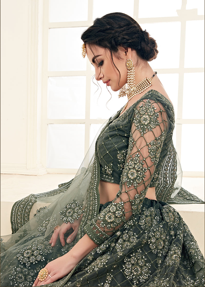 Bottle Green Colour Net Embroidery Work Bridal Lehenga Choli