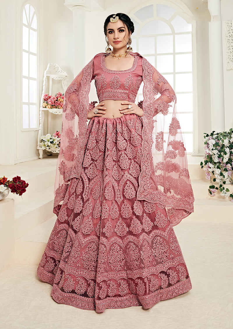 Rose Pink Colour Net Embroidery Work Bridal Lehenga Choli