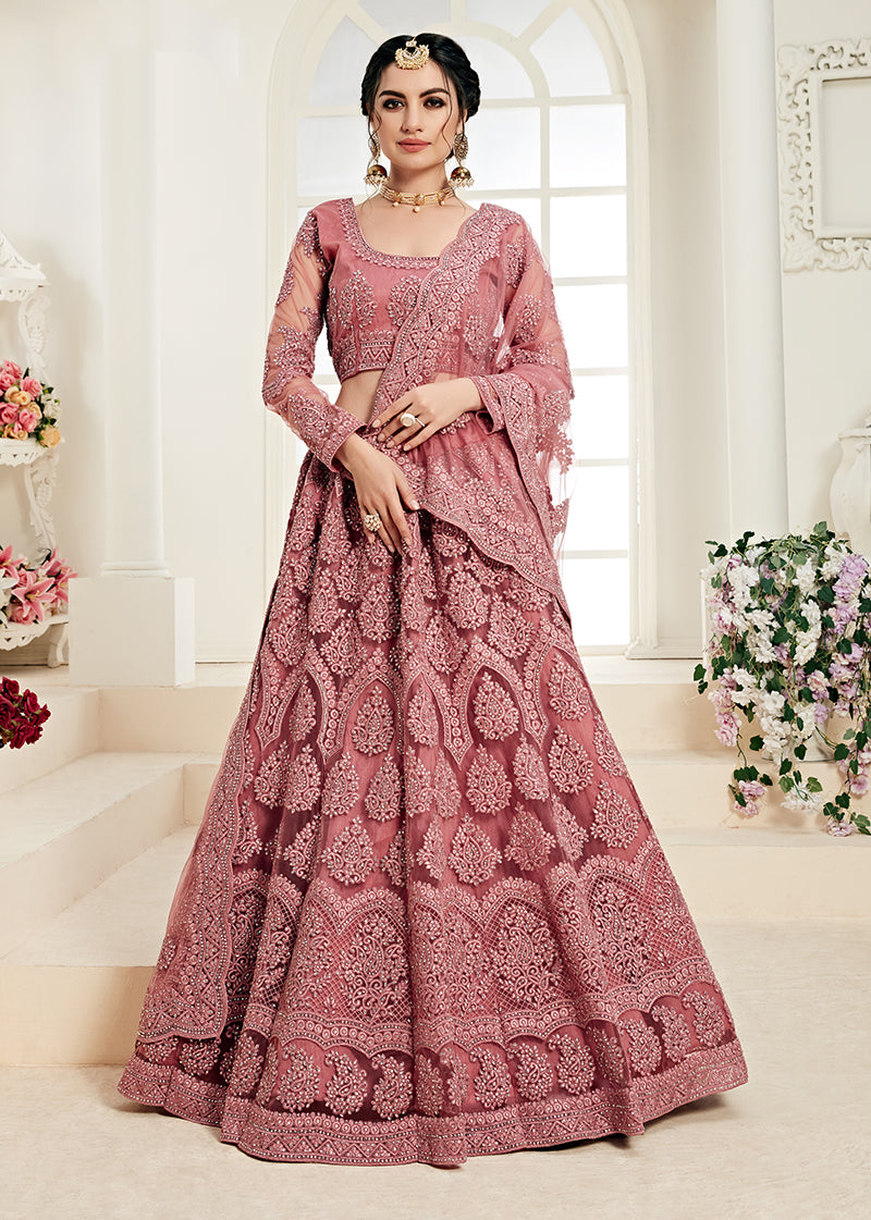 Rose Pink Colour Net Embroidery Work Bridal Lehenga Choli