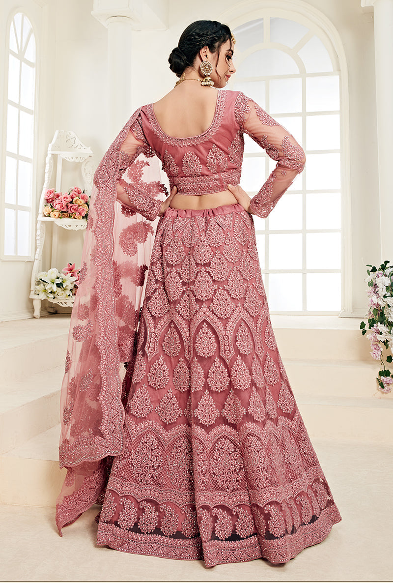 Rose Pink Colour Net Embroidery Work Bridal Lehenga Choli