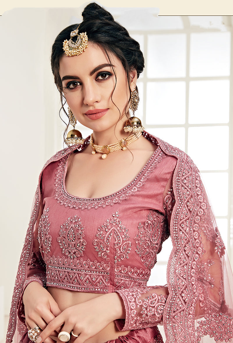 Rose Pink Colour Net Embroidery Work Bridal Lehenga Choli
