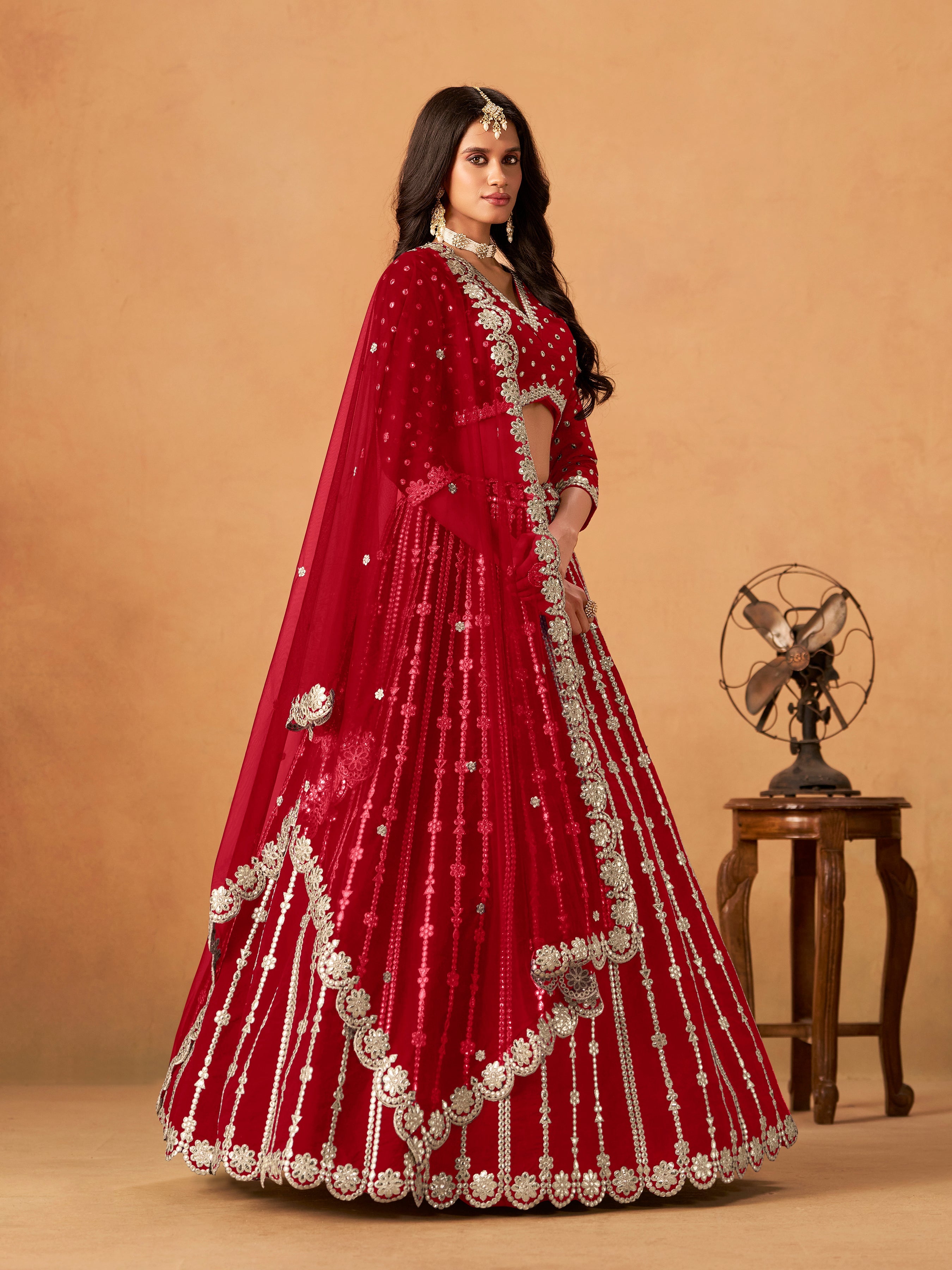 Red Embroidered Art Silk Designer Long Lehenga Choli