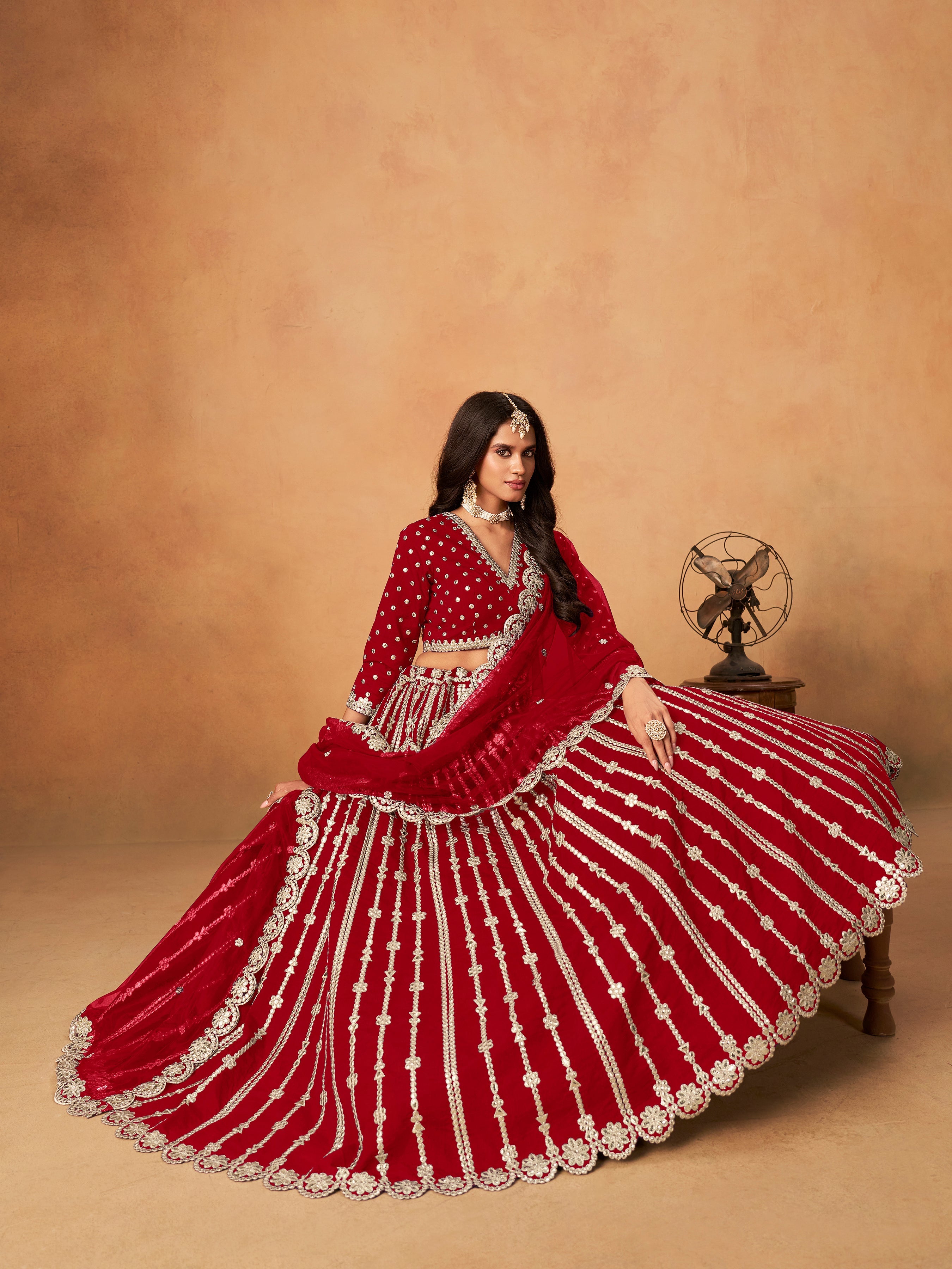 Red Embroidered Art Silk Designer Long Lehenga Choli