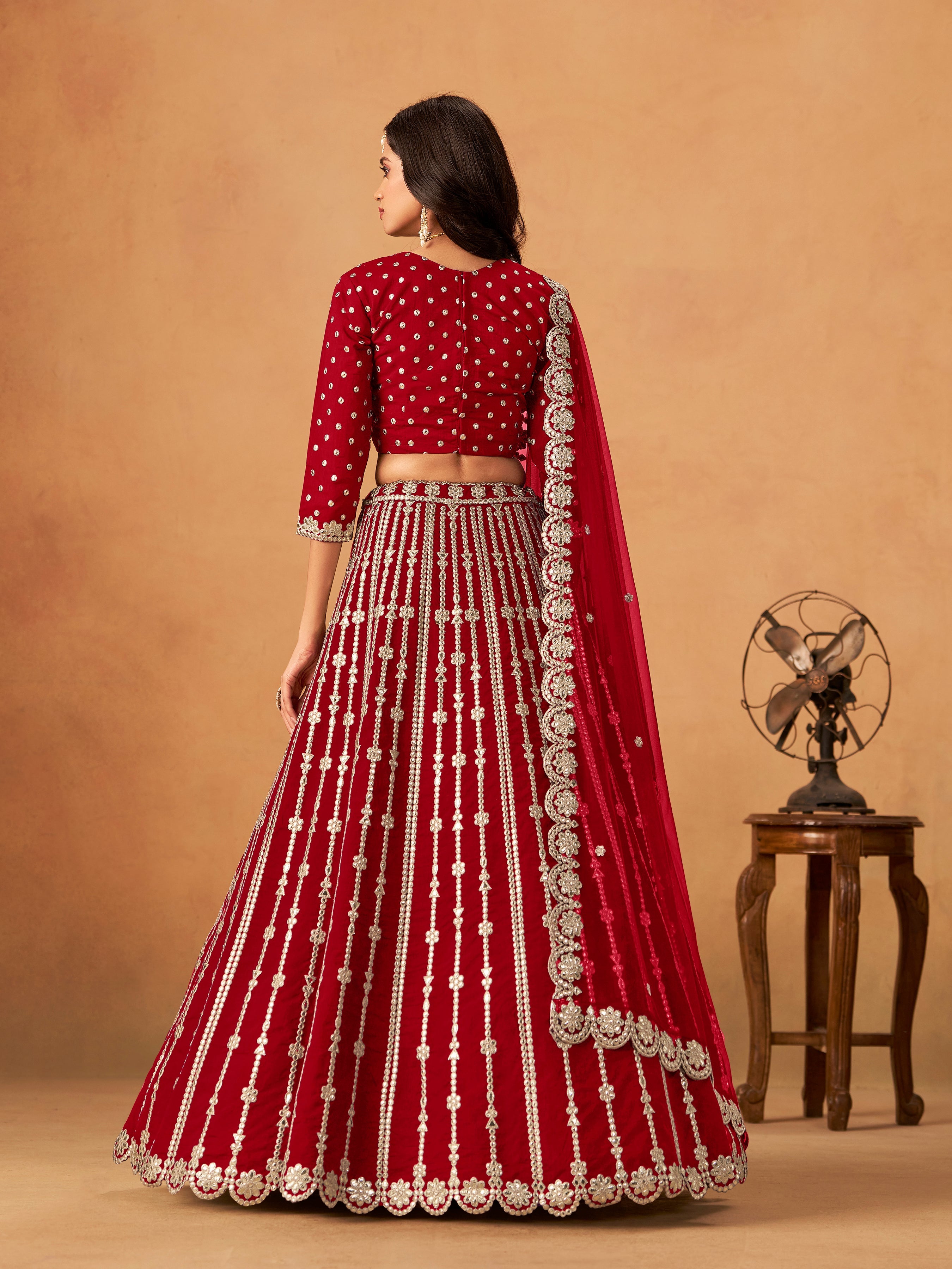 Red Embroidered Art Silk Designer Long Lehenga Choli