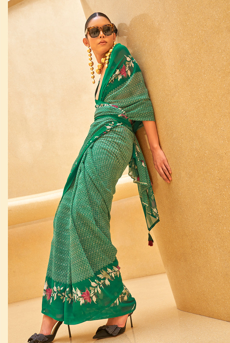 Green Georgette Printed Saree