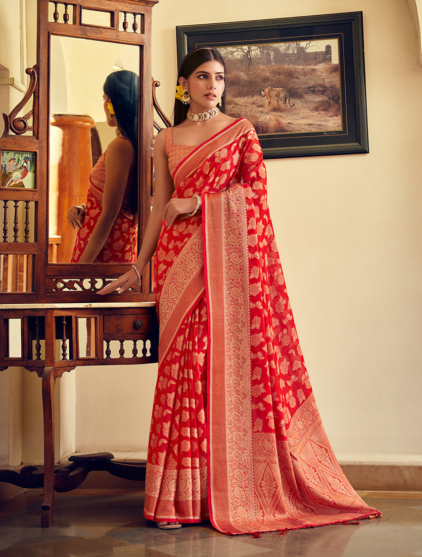 Red Georgette With Weaving Butta Border Pallu Classic Saree