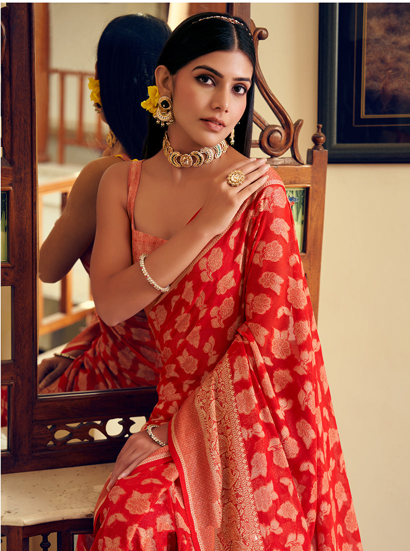 Red Georgette With Weaving Butta Border Pallu Classic Saree