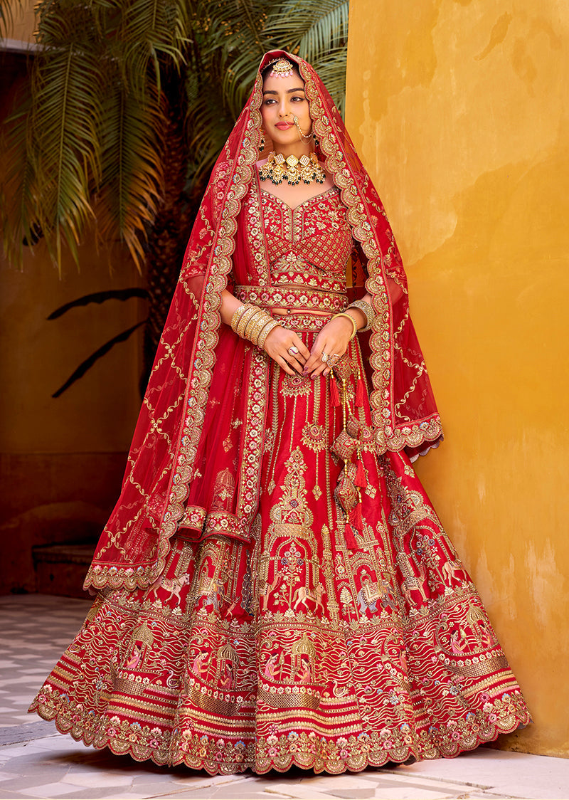 Red Heavy Zarkan Diamond & Mirror Hand Embroidery Silk Bridal Lehenga Choli With Double Dupatta