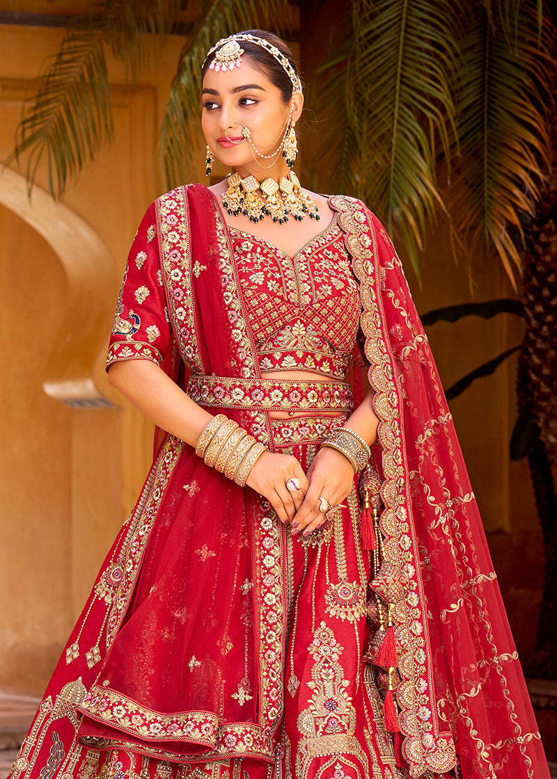 Red Heavy Zarkan Diamond & Mirror Hand Embroidery Silk Bridal Lehenga Choli With Double Dupatta