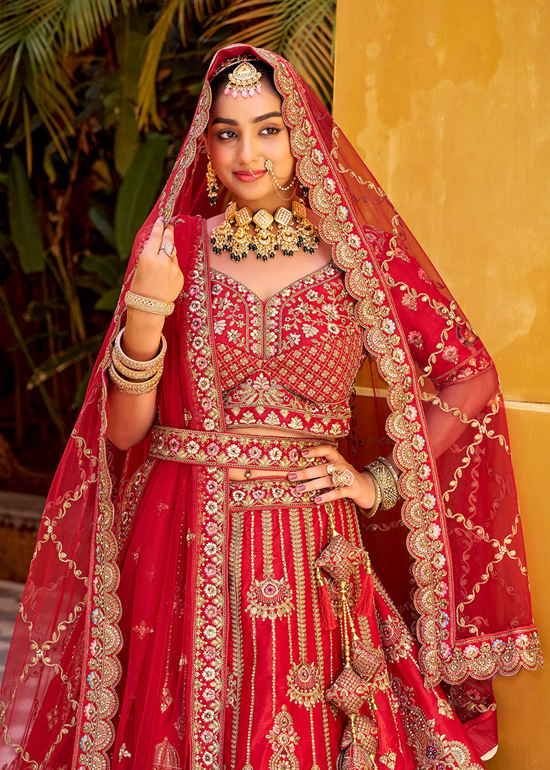 Red Heavy Zarkan Diamond & Mirror Hand Embroidery Silk Bridal Lehenga Choli With Double Dupatta