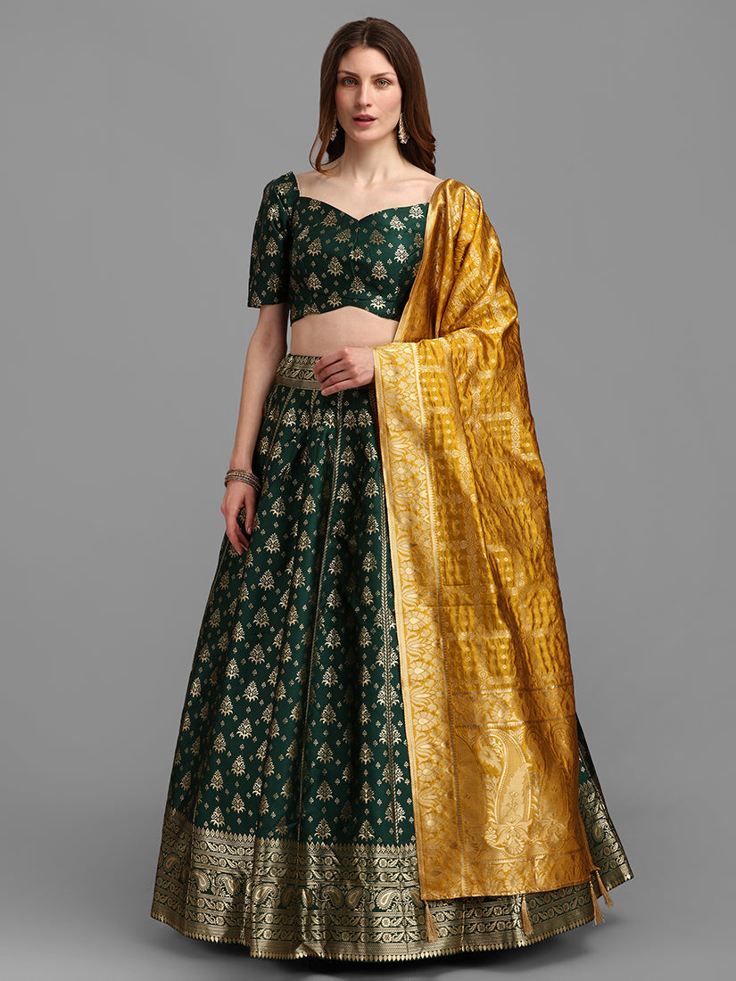 Dark Green Jacquard Zari Woven Lehenga Choli With Banarasi Dupatta
