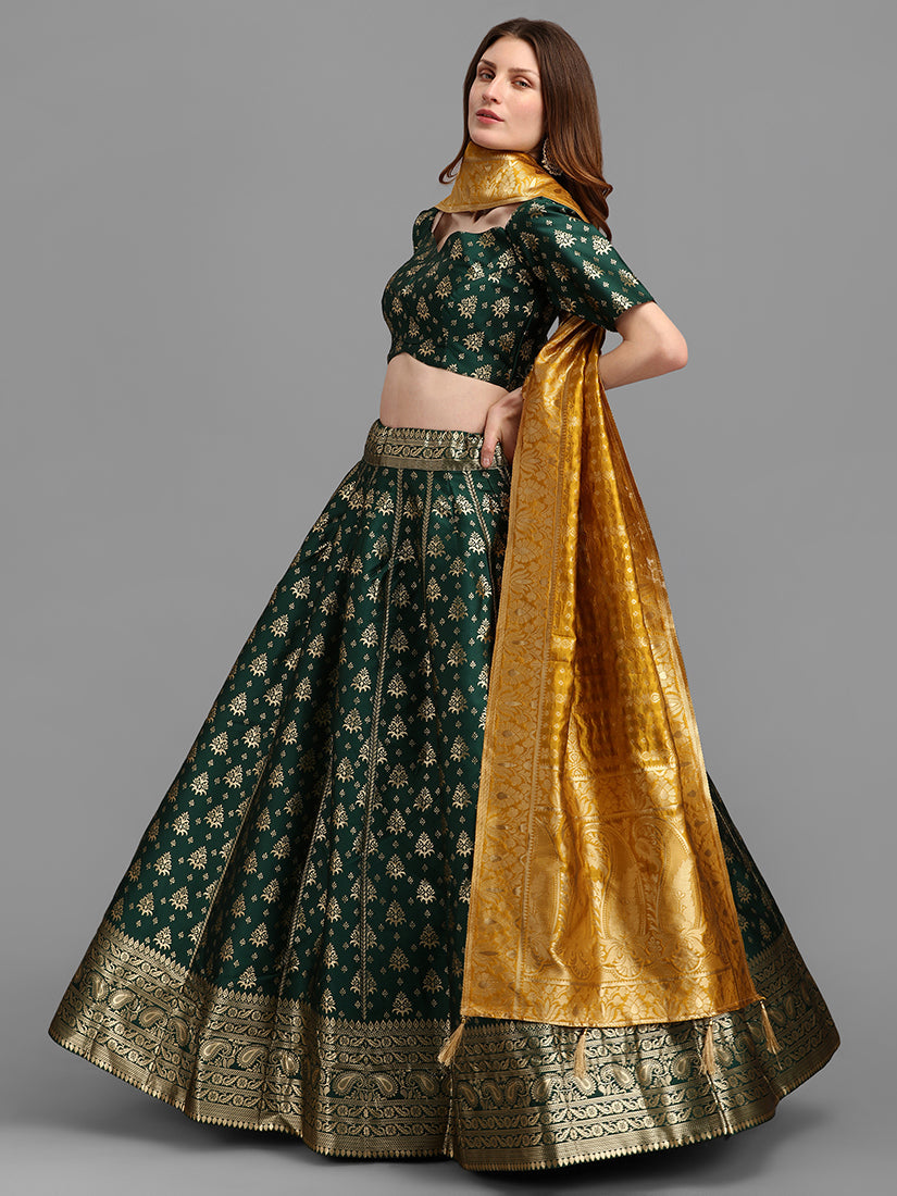 Dark Green Jacquard Zari Woven Lehenga Choli With Banarasi Dupatta