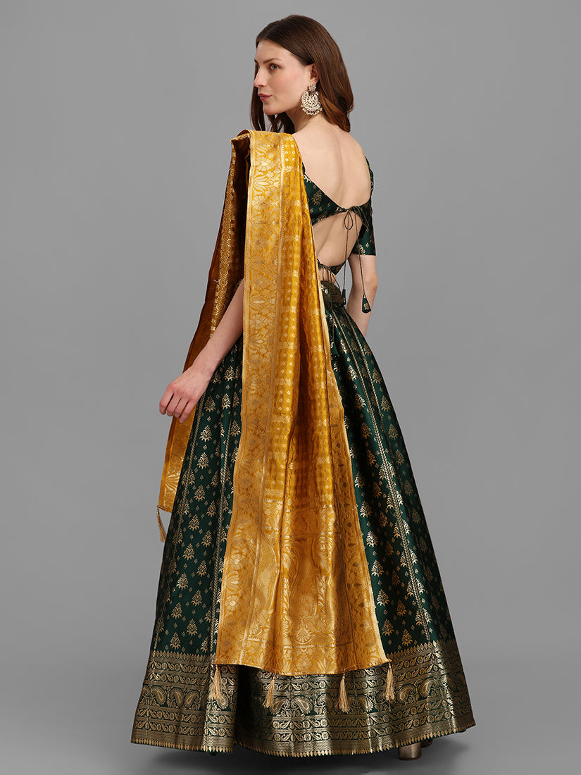Dark Green Jacquard Zari Woven Lehenga Choli With Banarasi Dupatta