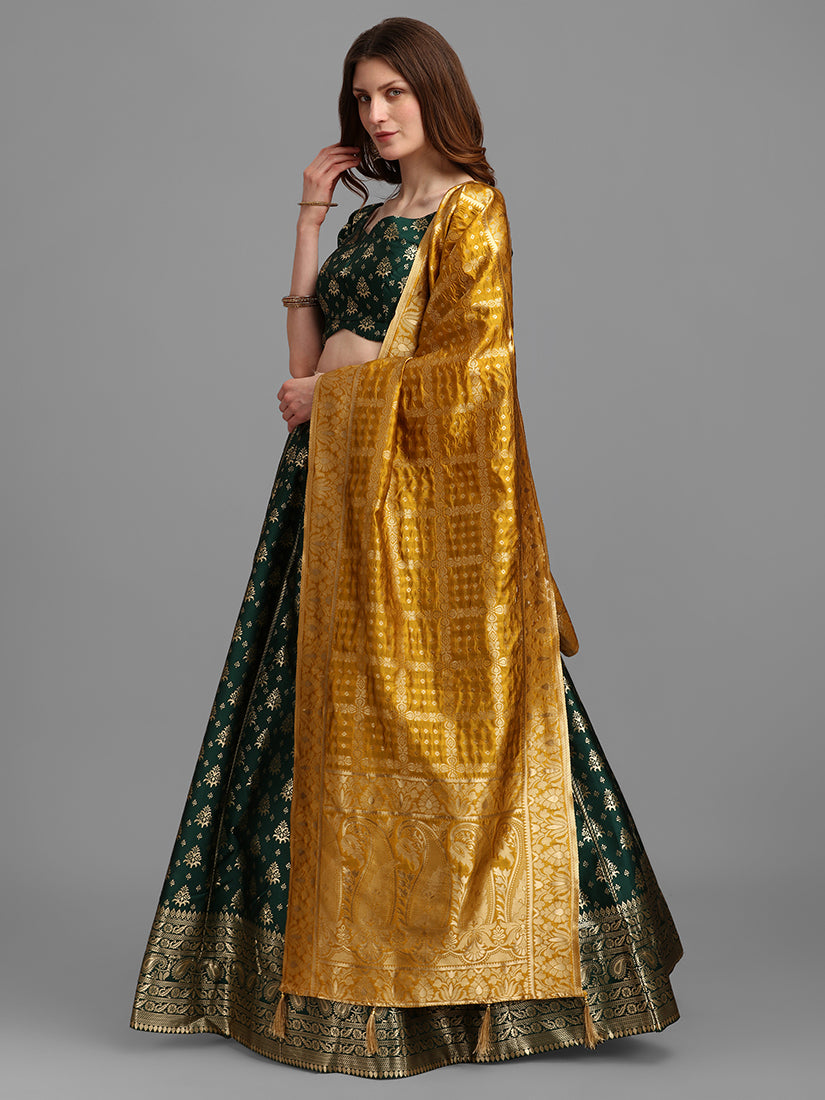 Dark Green Jacquard Zari Woven Lehenga Choli With Banarasi Dupatta