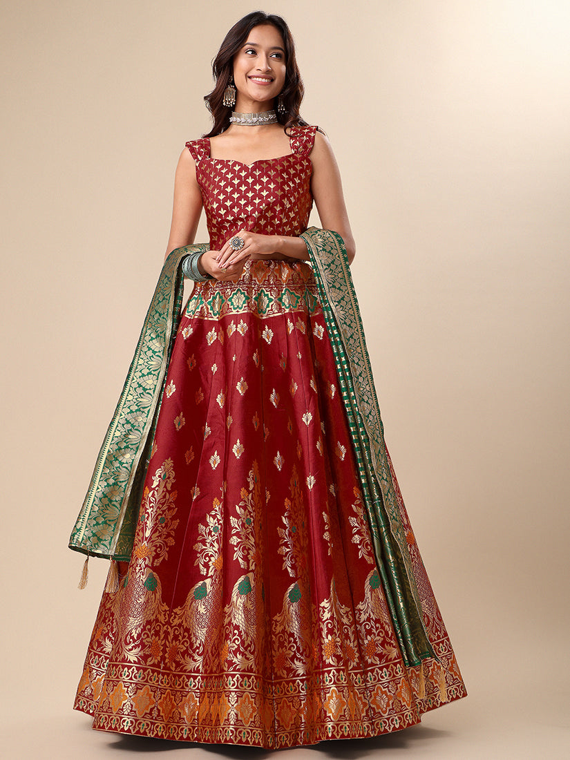 Red Jacquard Zari Woven Lehenga With Green Banarasi Dupatta
