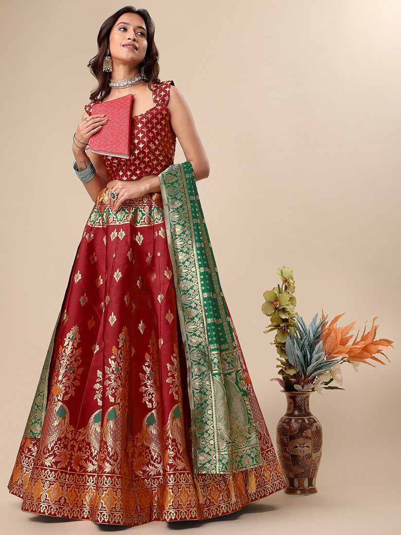Red Jacquard Zari Woven Lehenga With Green Banarasi Dupatta