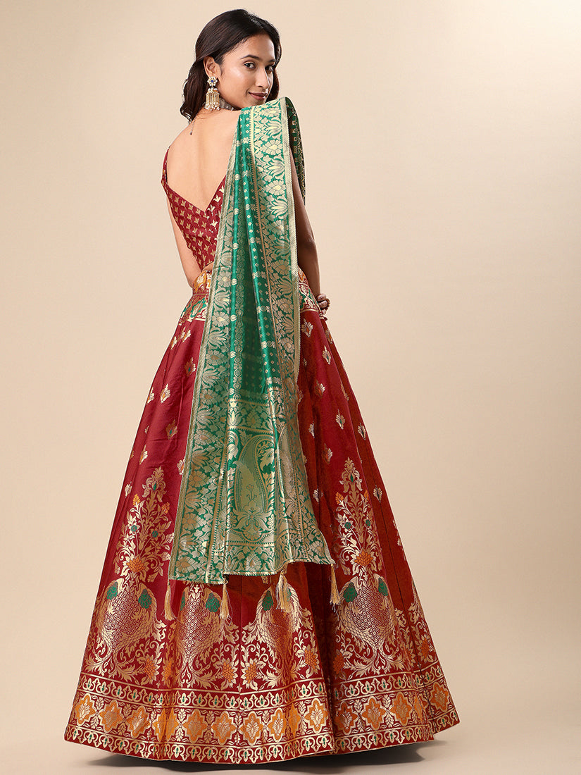 Red Jacquard Zari Woven Lehenga With Green Banarasi Dupatta