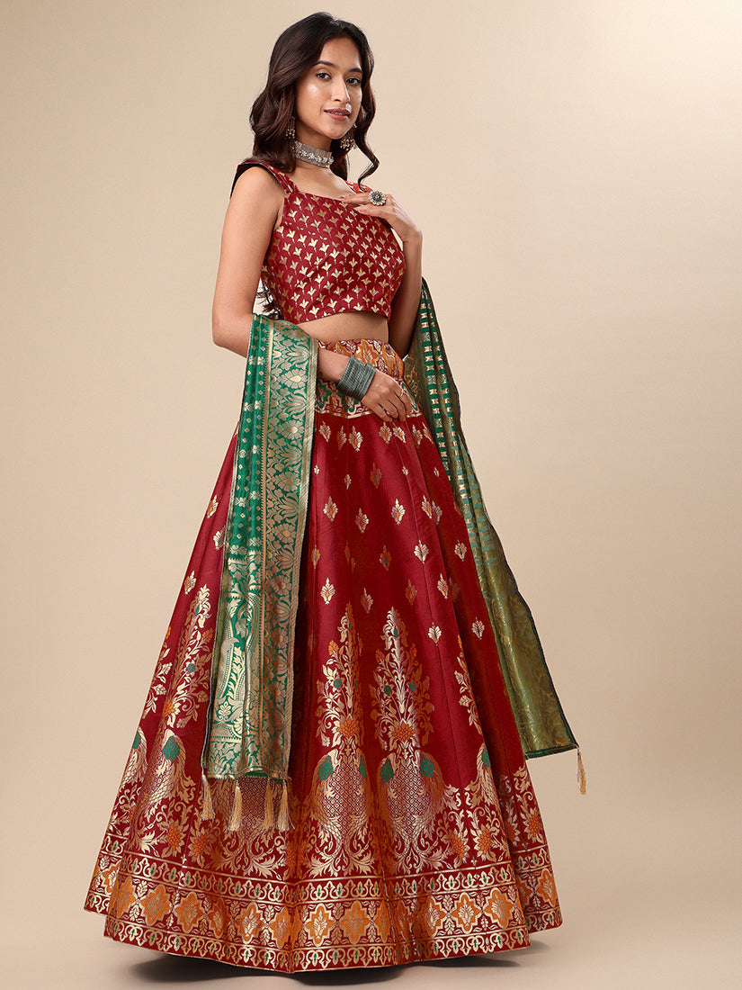 Red Jacquard Zari Woven Lehenga With Green Banarasi Dupatta