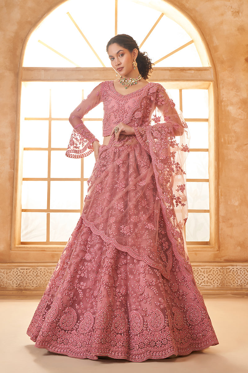 Dusty Pink Net Embroidered Designer Bridal Lehenga Choli