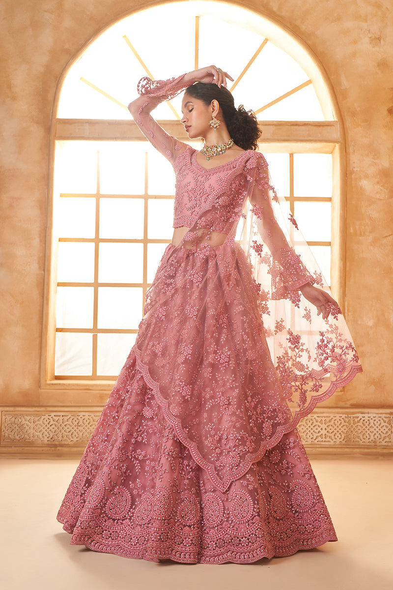 Dusty Pink Net Embroidered Designer Bridal Lehenga Choli