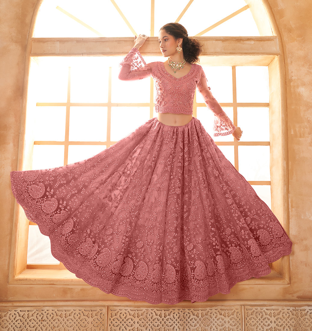Dusty Pink Net Embroidered Designer Bridal Lehenga Choli